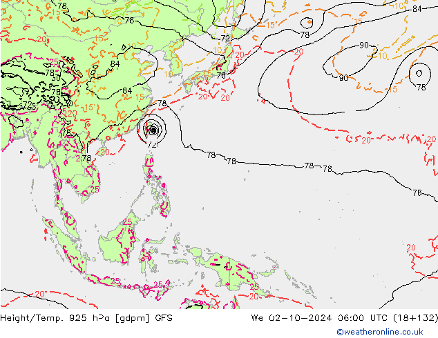 Height/Temp. 925 hPa GFS We 02.10.2024 06 UTC