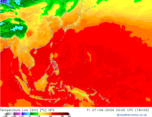 temperatura mín. (2m) GFS Sex 27.09.2024 00 UTC