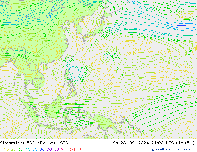 Linea di flusso 500 hPa GFS sab 28.09.2024 21 UTC