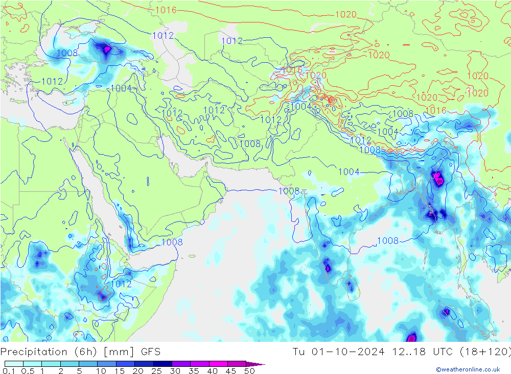 Prec 6h/Wind 10m/950 GFS mar 01.10.2024 18 UTC