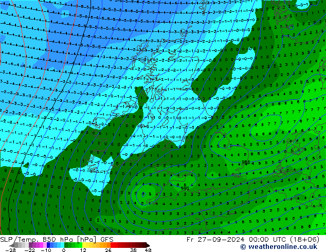 SLP/Temp. 850 hPa GFS vie 27.09.2024 00 UTC