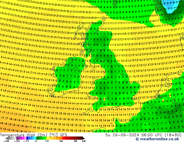 Temperature High (2m) GFS Su 29.09.2024 06 UTC