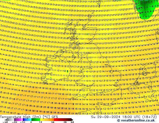 Nejvyšší teplota (2m) GFS Ne 29.09.2024 18 UTC