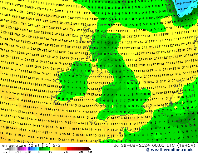 Sıcaklık Haritası (2m) GFS Paz 29.09.2024 00 UTC