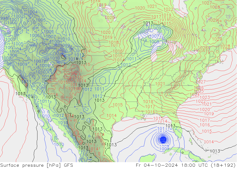 Presión superficial GFS vie 04.10.2024 18 UTC