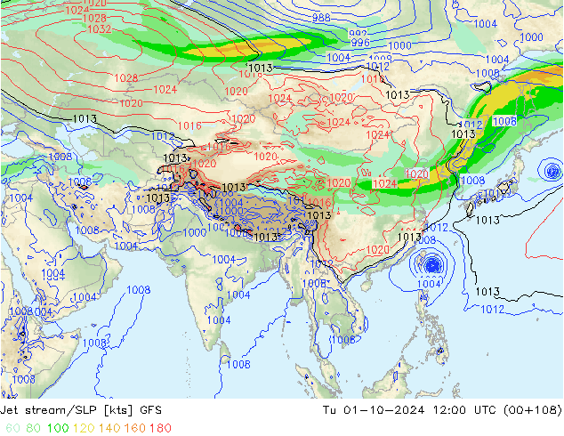 Corrente a getto GFS mar 01.10.2024 12 UTC