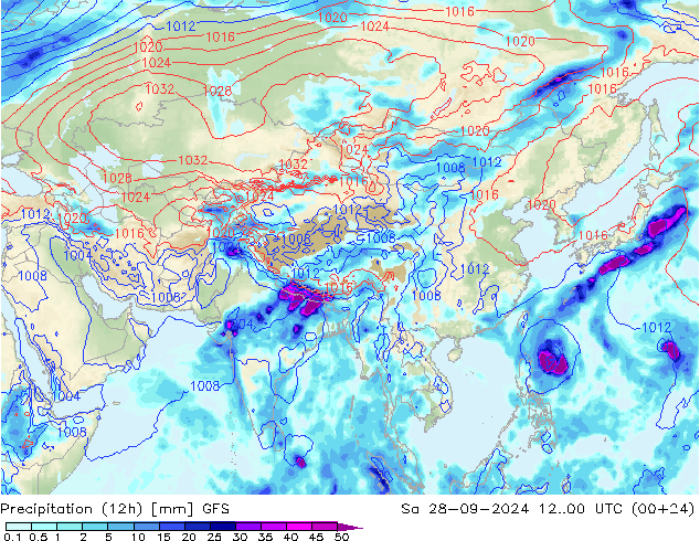 Precipitación (12h) GFS sáb 28.09.2024 00 UTC