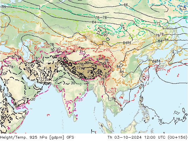 Height/Temp. 925 hPa GFS Th 03.10.2024 12 UTC