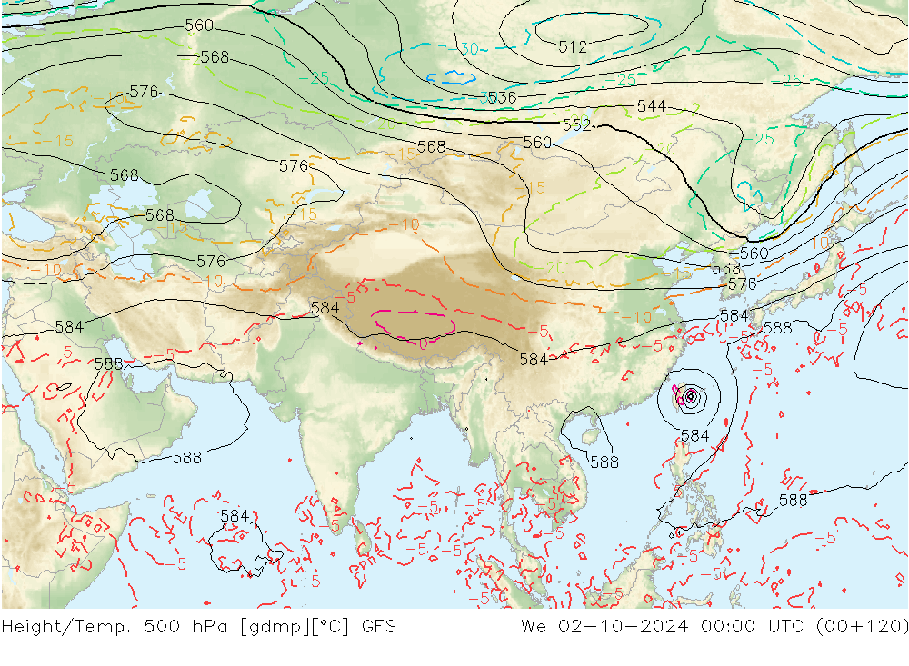 Z500/Yağmur (+YB)/Z850 GFS Çar 02.10.2024 00 UTC