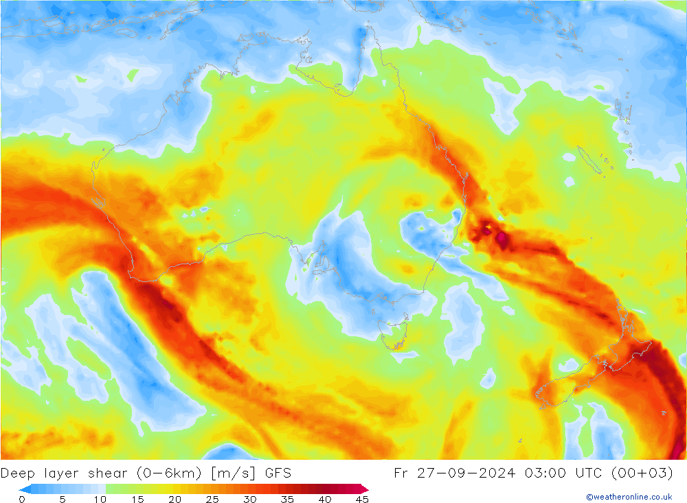 Deep layer shear (0-6km) GFS Fr 27.09.2024 03 UTC