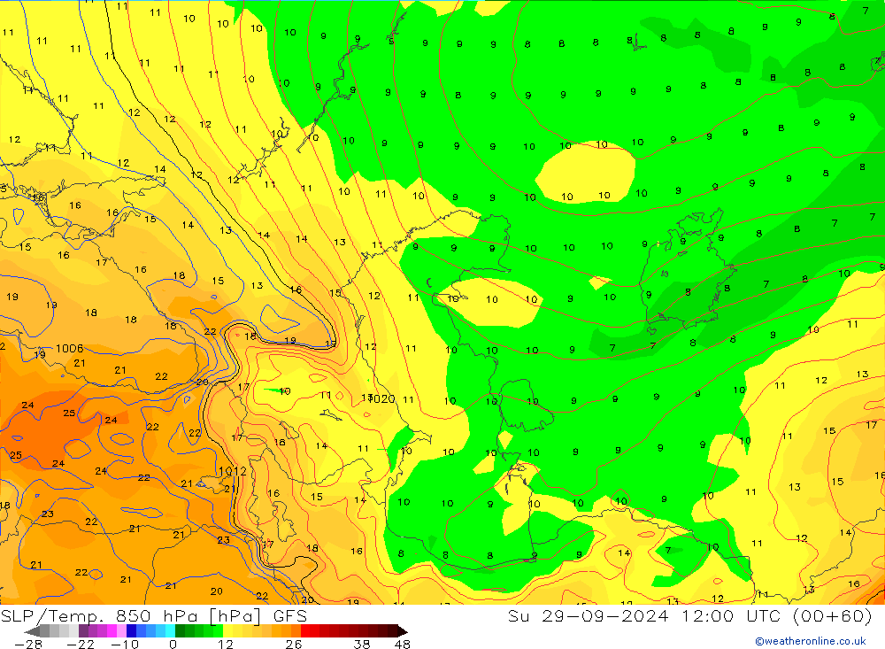 SLP/Temp. 850 hPa GFS dom 29.09.2024 12 UTC