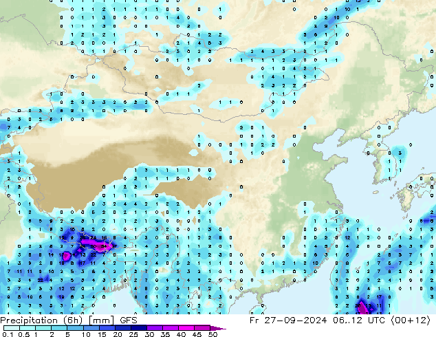 Precipitation (6h) GFS Pá 27.09.2024 12 UTC