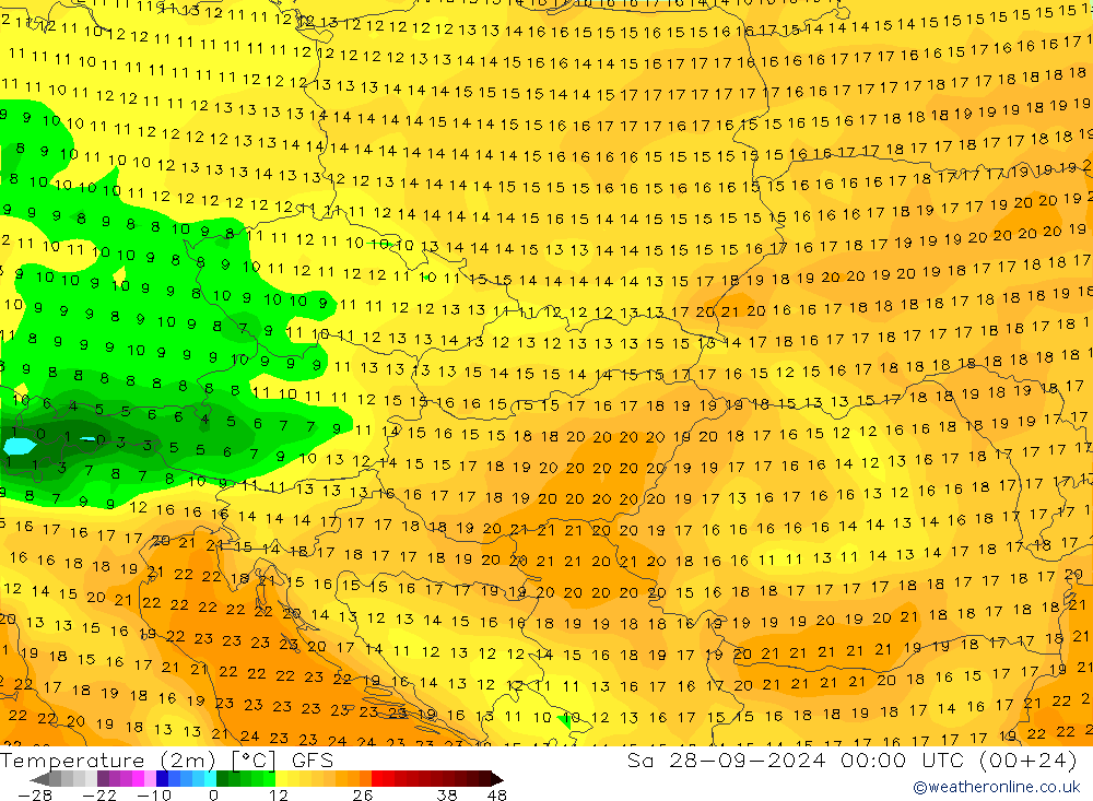 Temperature (2m) GFS Sa 28.09.2024 00 UTC