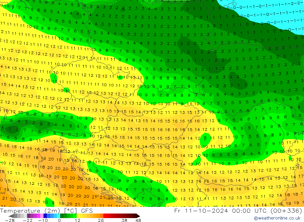 Temperatura (2m) GFS vie 11.10.2024 00 UTC