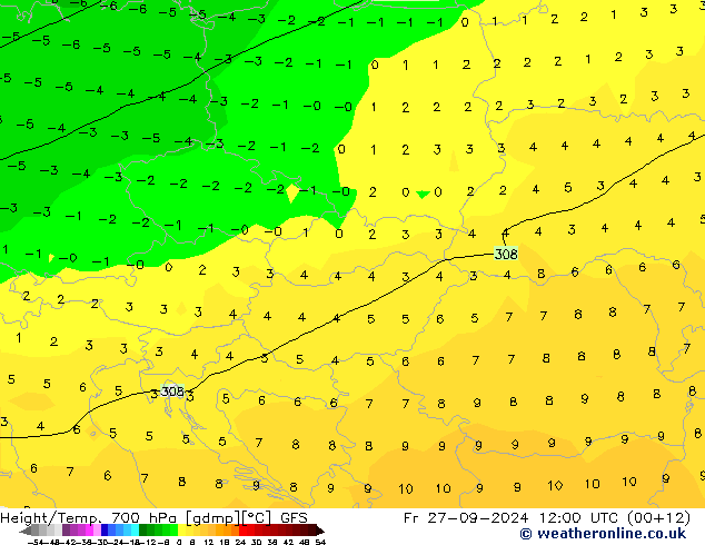 Géop./Temp. 700 hPa GFS ven 27.09.2024 12 UTC