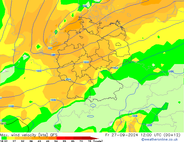 Max. wind velocity GFS пт 27.09.2024 12 UTC