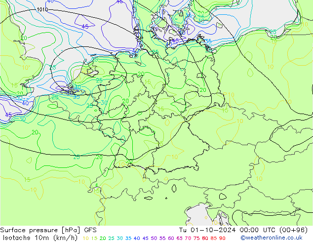 Eşrüzgar Hızları (km/sa) GFS Sa 01.10.2024 00 UTC