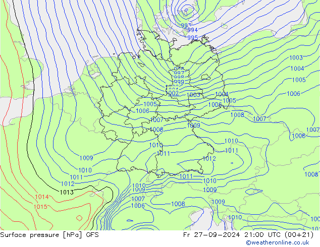 Presión superficial GFS vie 27.09.2024 21 UTC