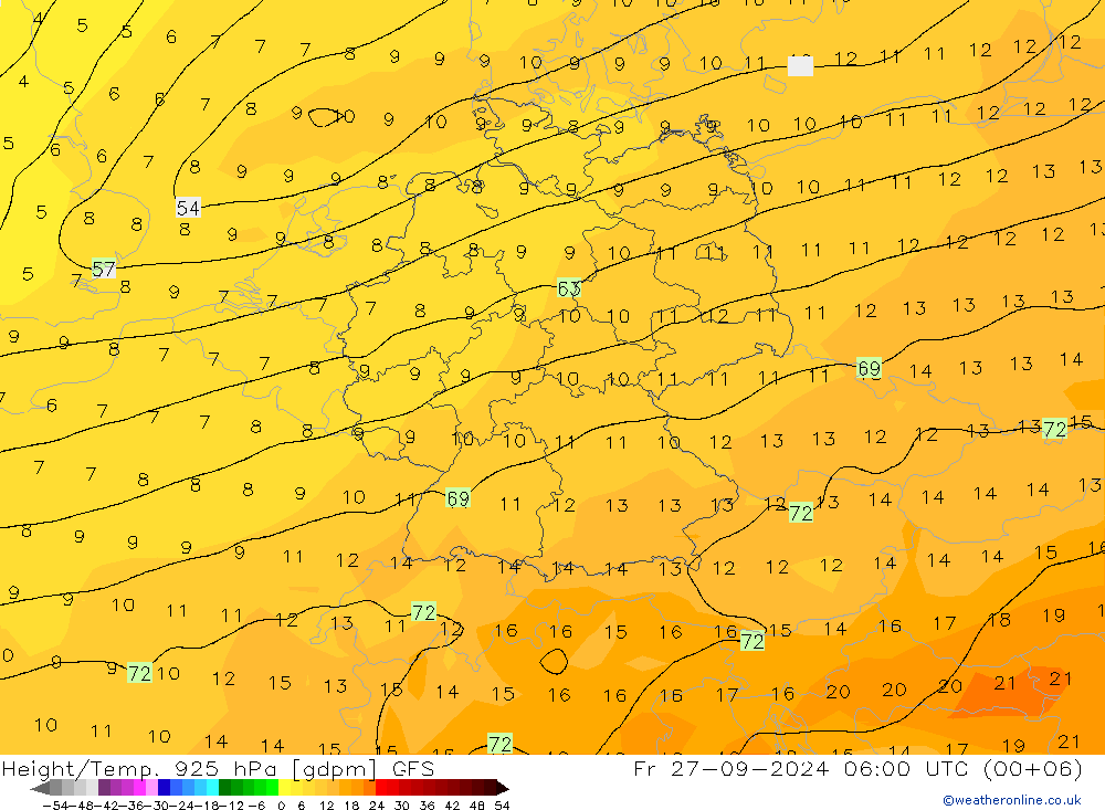 Geop./Temp. 925 hPa GFS vie 27.09.2024 06 UTC