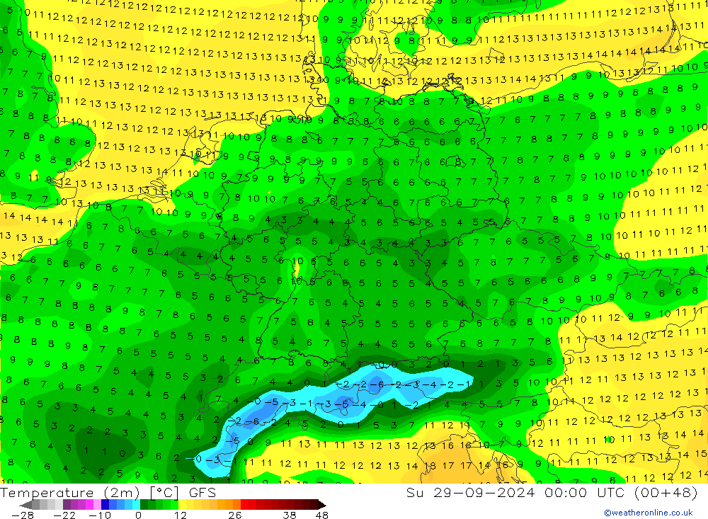 mapa temperatury (2m) GFS nie. 29.09.2024 00 UTC