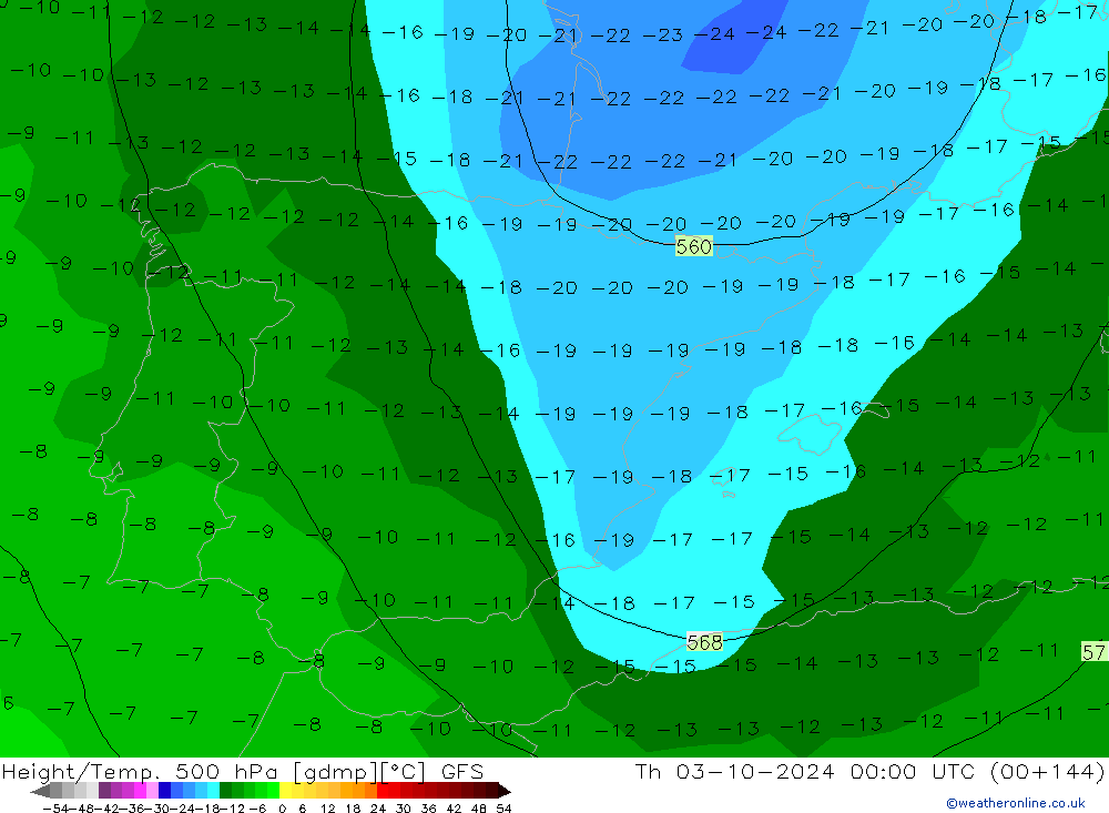 Height/Temp. 500 hPa GFS Čt 03.10.2024 00 UTC