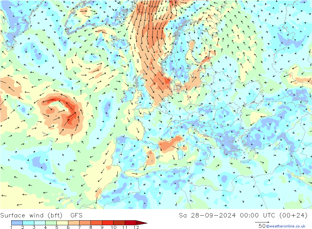 Surface wind (bft) GFS So 28.09.2024 00 UTC