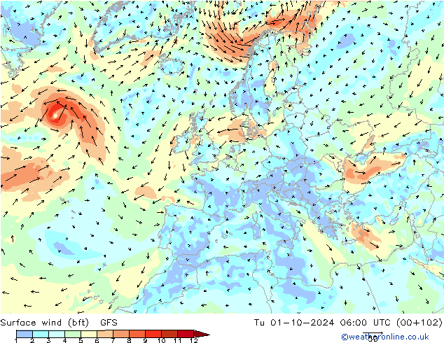 Surface wind (bft) GFS Tu 01.10.2024 06 UTC