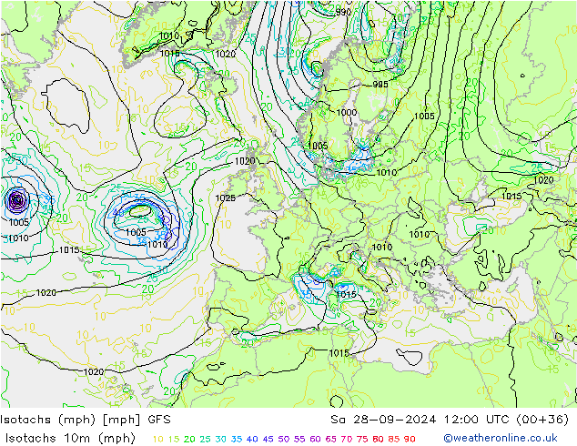 Isotachs (mph) GFS Sa 28.09.2024 12 UTC