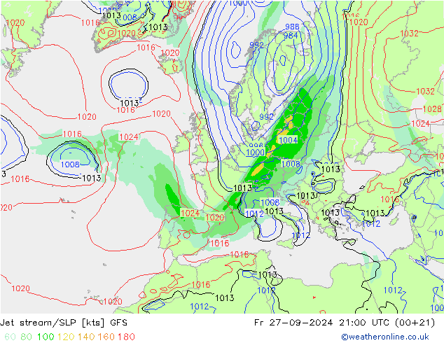 Corriente en chorro GFS vie 27.09.2024 21 UTC