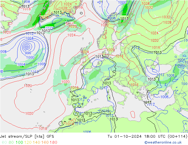 Corrente a getto GFS mar 01.10.2024 18 UTC