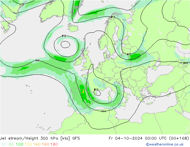 Straalstroom GFS vr 04.10.2024 00 UTC