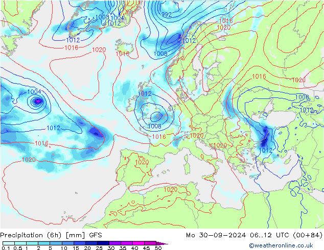 Totale neerslag (6h) GFS ma 30.09.2024 12 UTC