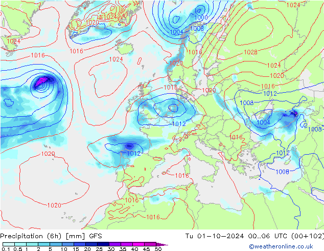 Z500/Rain (+SLP)/Z850 GFS Ter 01.10.2024 06 UTC