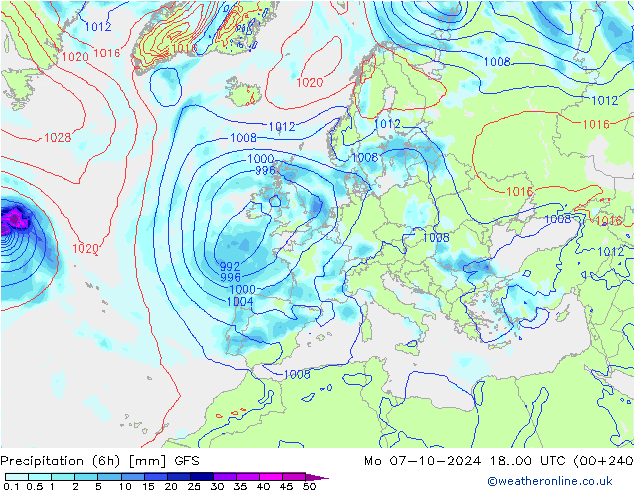 Precipitation (6h) GFS Po 07.10.2024 00 UTC