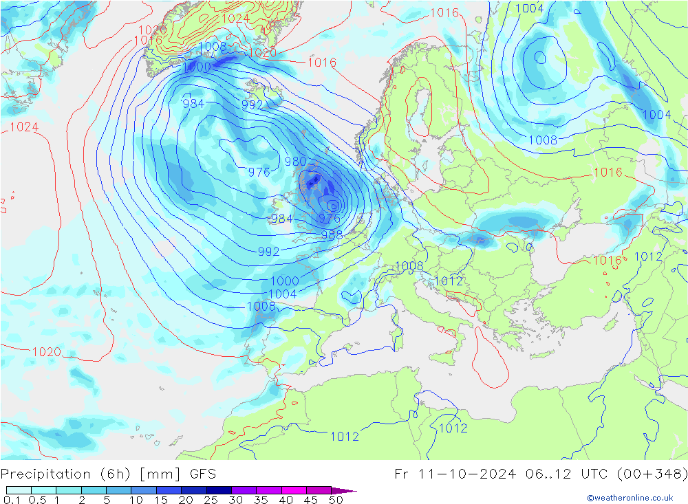 Précipitation (6h) GFS ven 11.10.2024 12 UTC