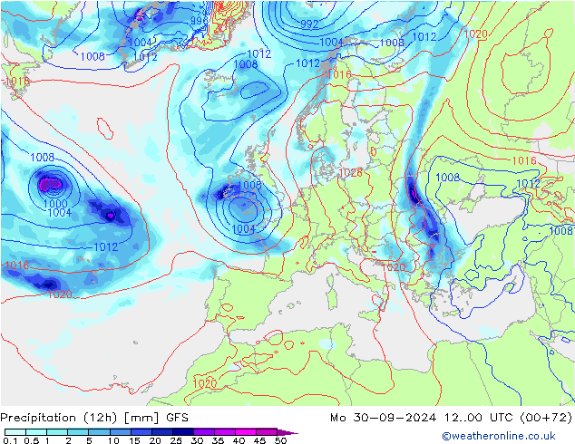 Totale neerslag (12h) GFS ma 30.09.2024 00 UTC