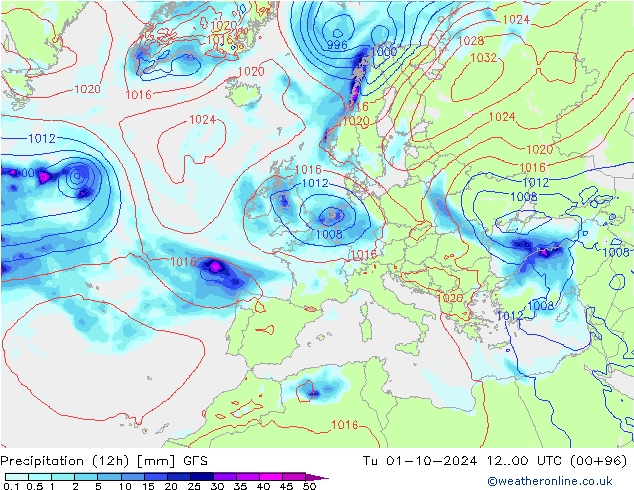 Precipitazione (12h) GFS mar 01.10.2024 00 UTC