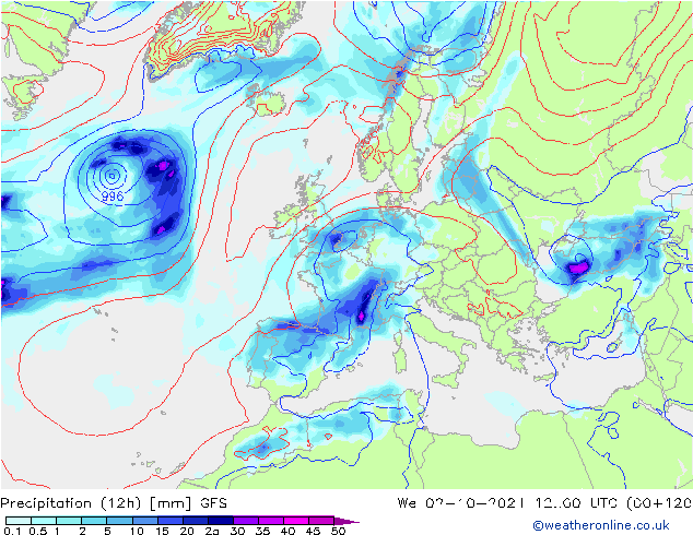 Totale neerslag (12h) GFS wo 02.10.2024 00 UTC