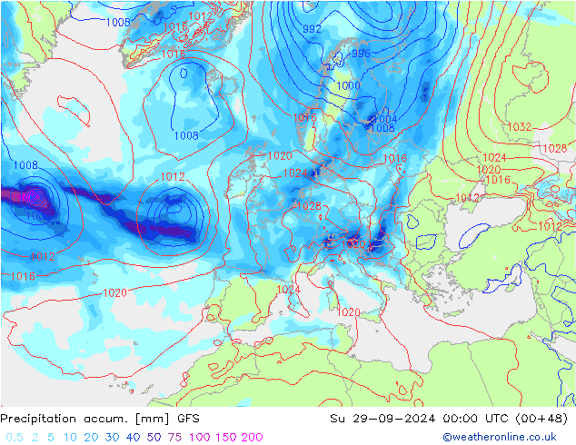 Precipitation accum. GFS nie. 29.09.2024 00 UTC