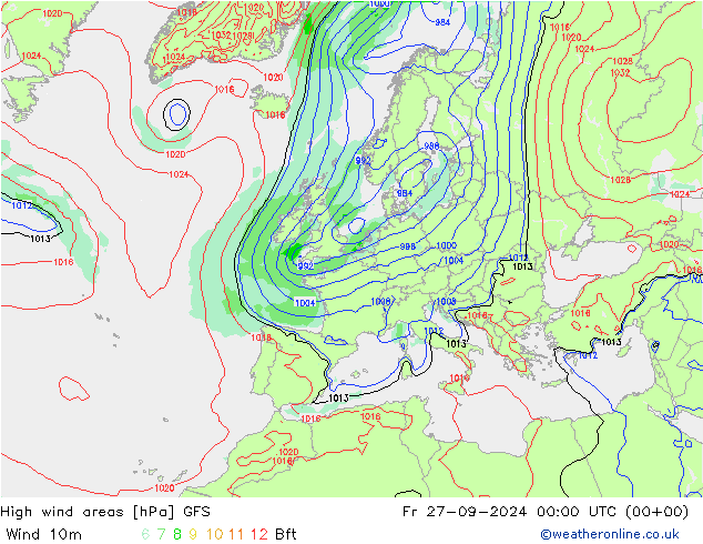 High wind areas GFS пт 27.09.2024 00 UTC