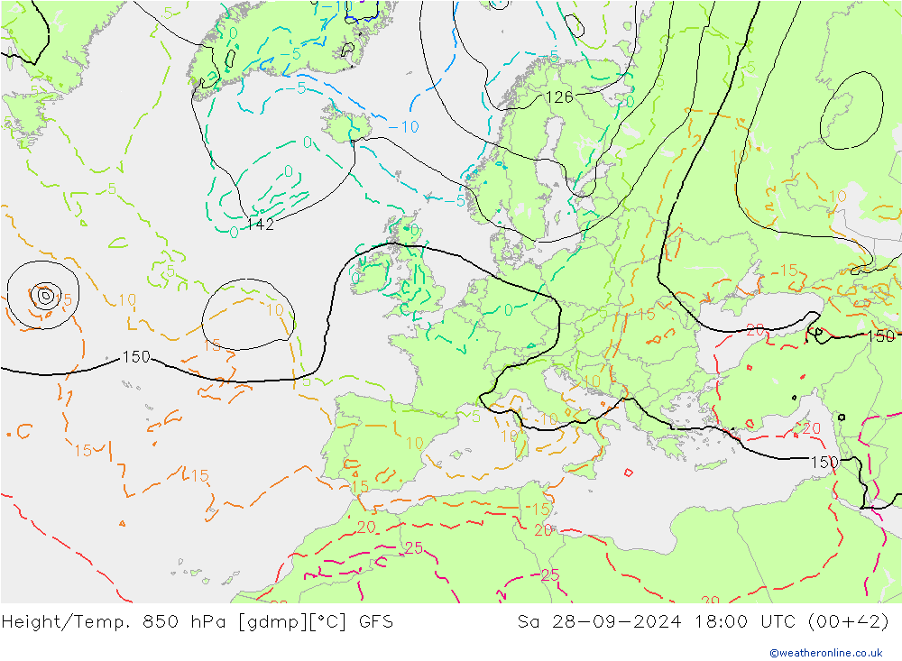 Height/Temp. 850 hPa GFS Sa 28.09.2024 18 UTC