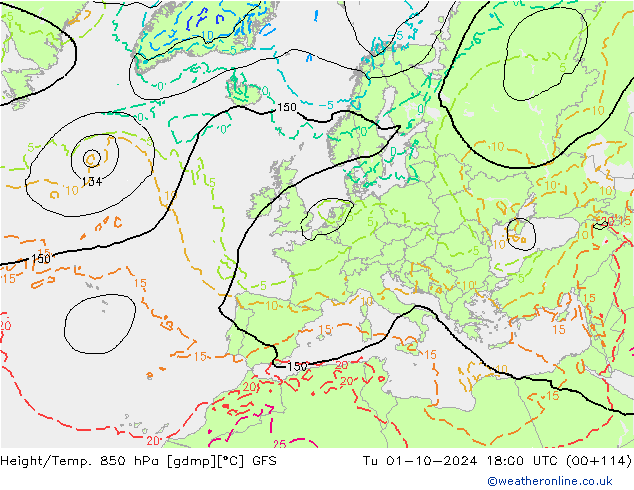 Height/Temp. 850 hPa GFS  01.10.2024 18 UTC