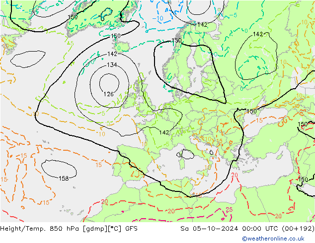 Height/Temp. 850 hPa GFS so. 05.10.2024 00 UTC