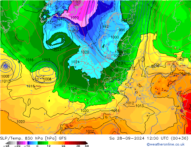 SLP/Temp. 850 hPa GFS Sa 28.09.2024 12 UTC