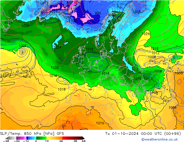 SLP/Temp. 850 hPa GFS Út 01.10.2024 00 UTC