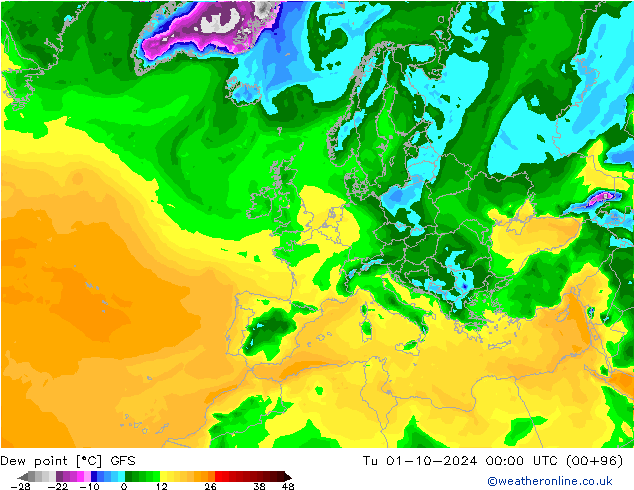 Taupunkt GFS Di 01.10.2024 00 UTC