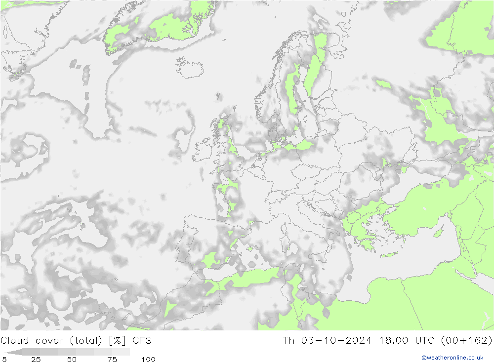 Cloud cover (total) GFS Th 03.10.2024 18 UTC