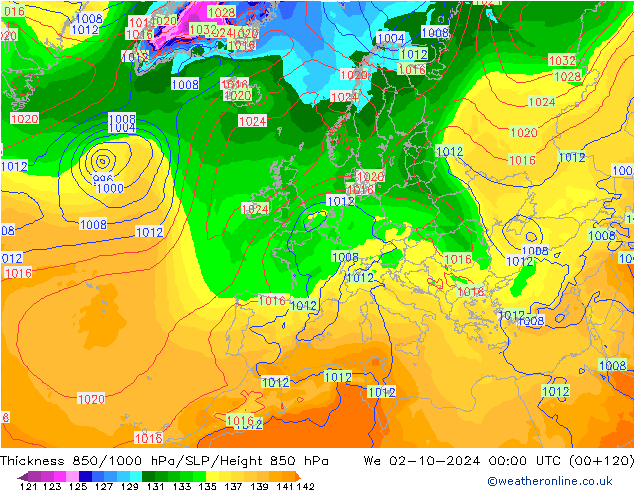 Thck 850-1000 hPa GFS mer 02.10.2024 00 UTC
