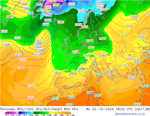 Thck 850-1000 hPa GFS We 02.10.2024 18 UTC