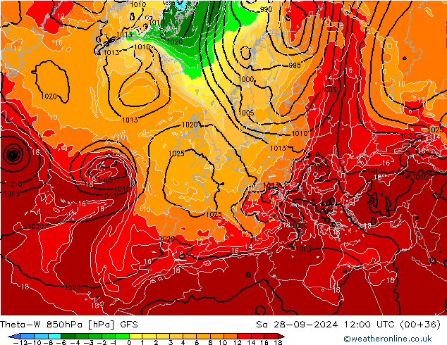 Theta-W 850hPa GFS sáb 28.09.2024 12 UTC